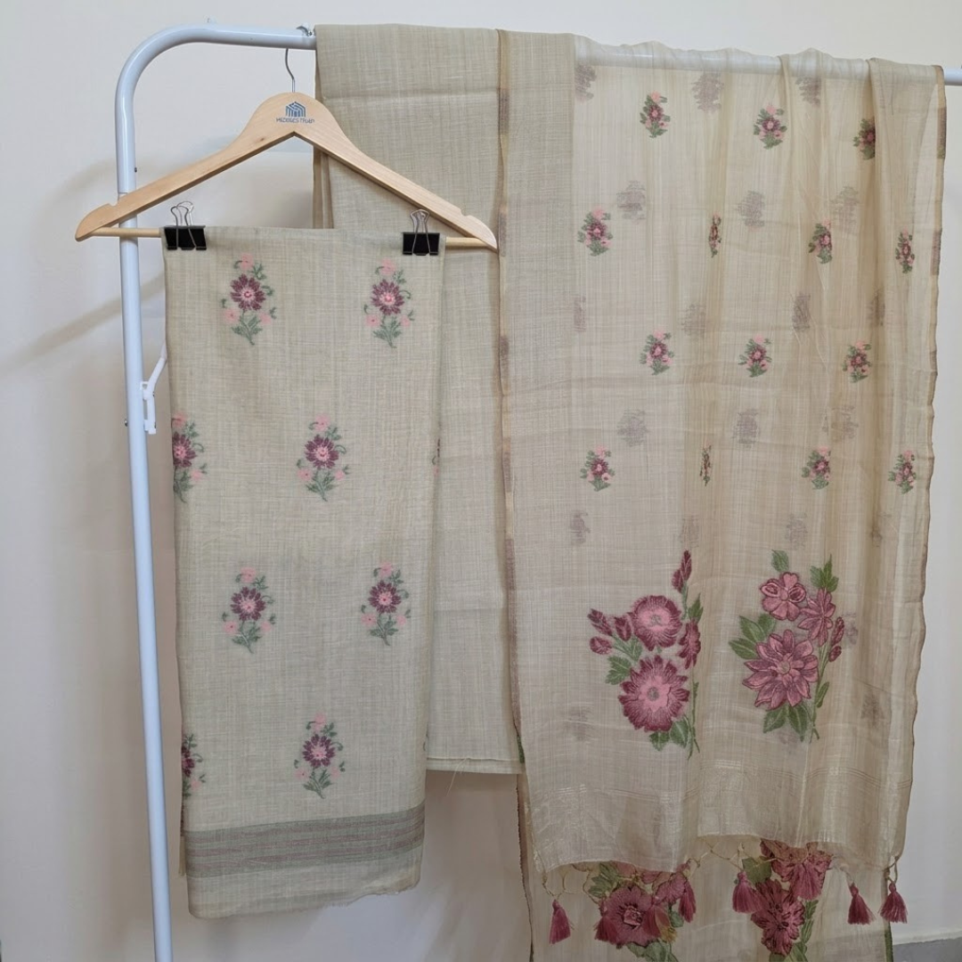 Jamdani chappa silk with pink floral design embroiderey suit sets