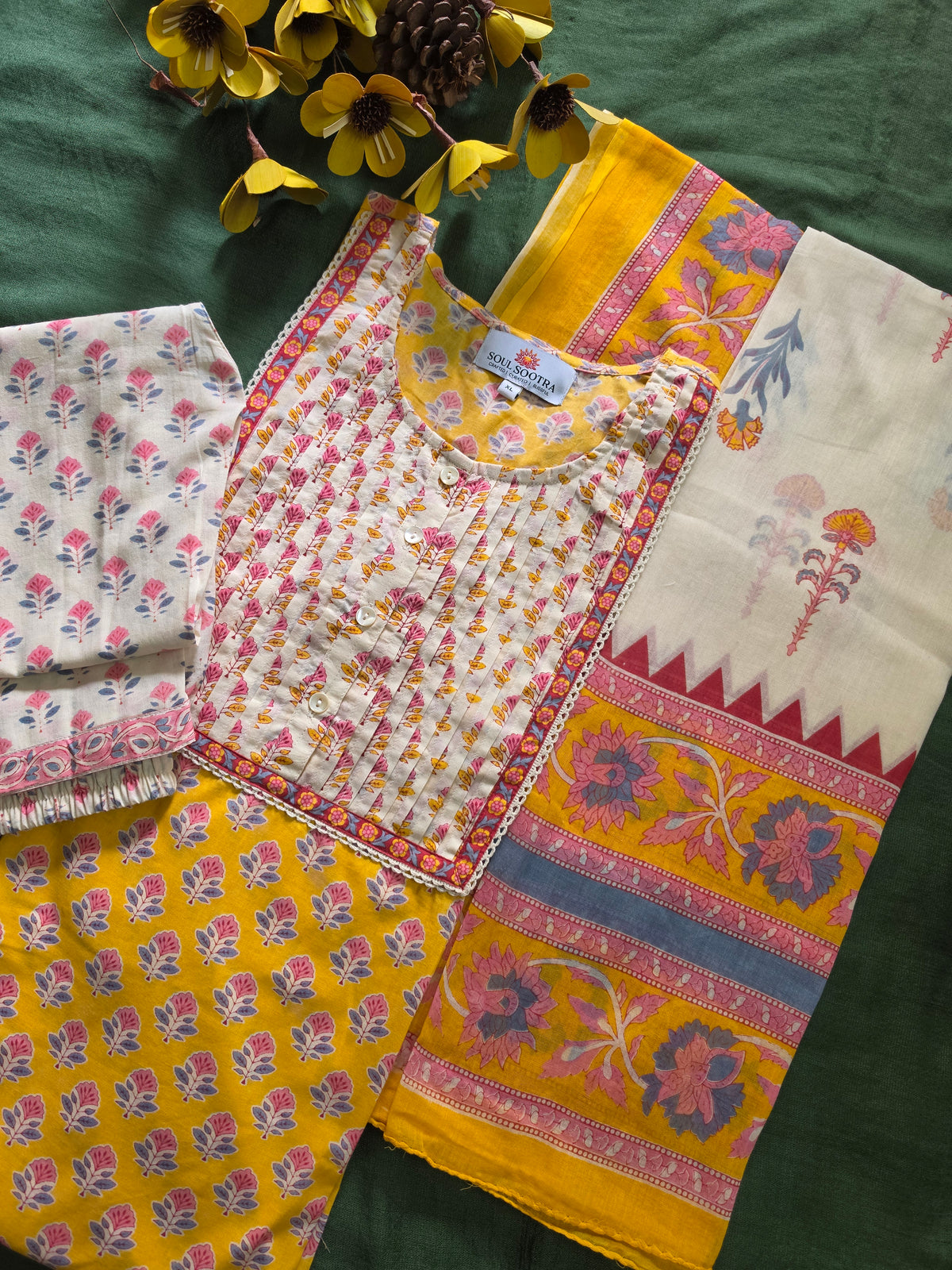 Yellow Mul Cotton Pleated Block Print Kurta Set
