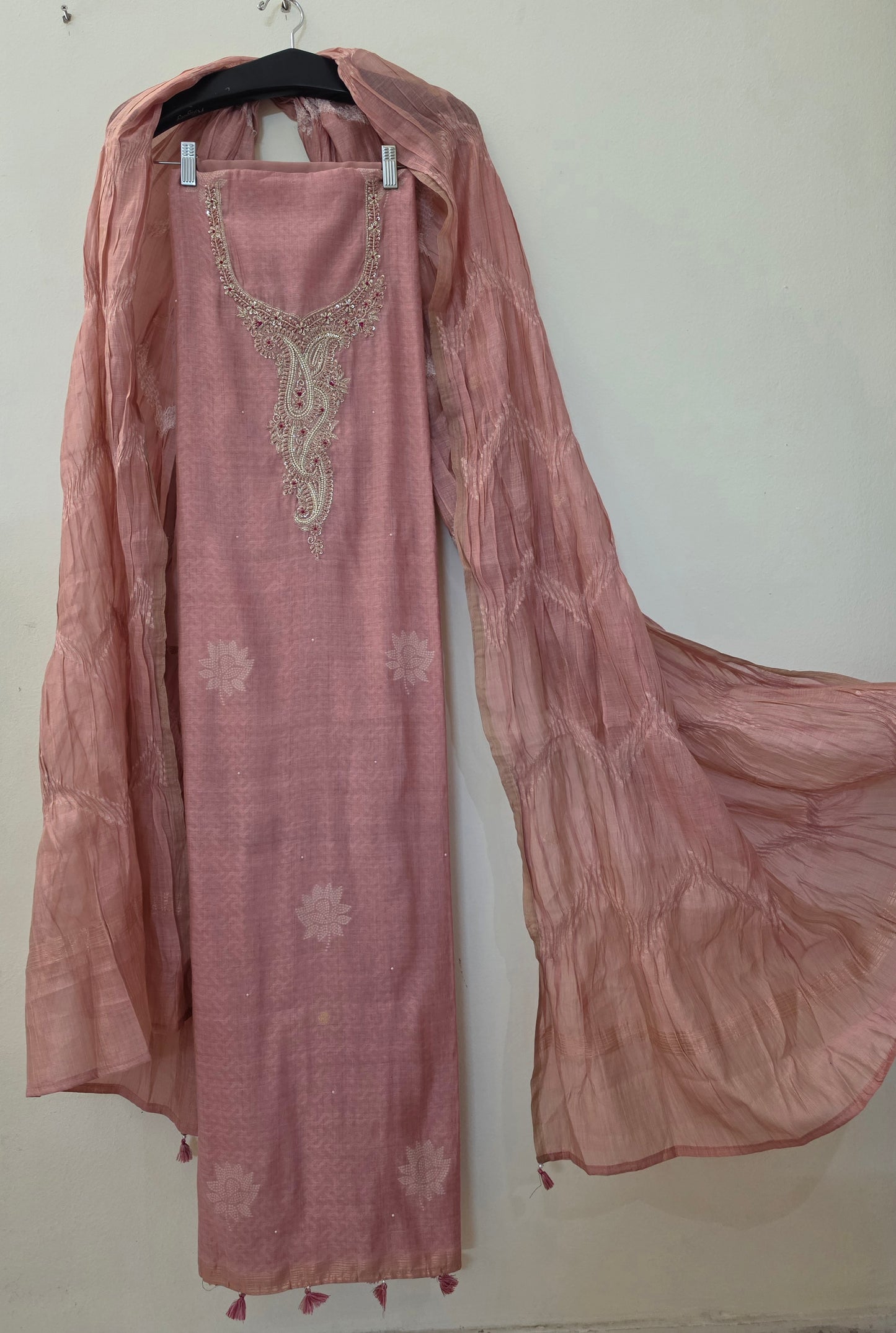 Pink Cotton Silk Hand Embroidery Dress Material