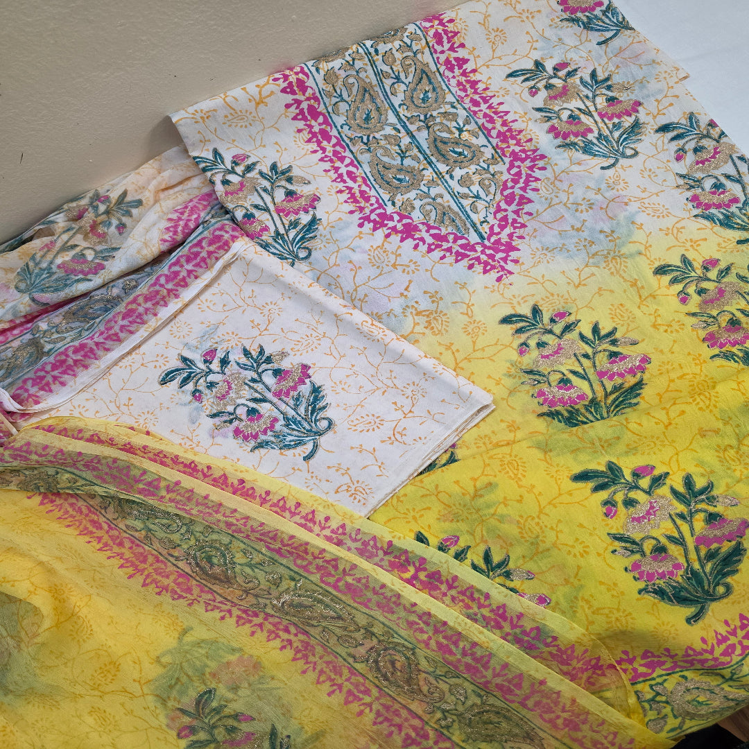 Dual Shade Yellow And Cream Hand Block Print Dress Material