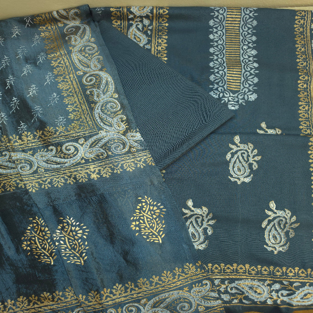 Grey Hand block Print Dress Material