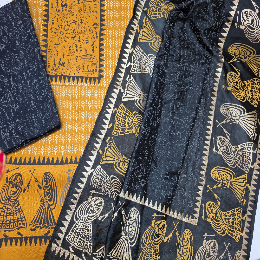 Mustard Yellow Warli Art Hand block Dress Material