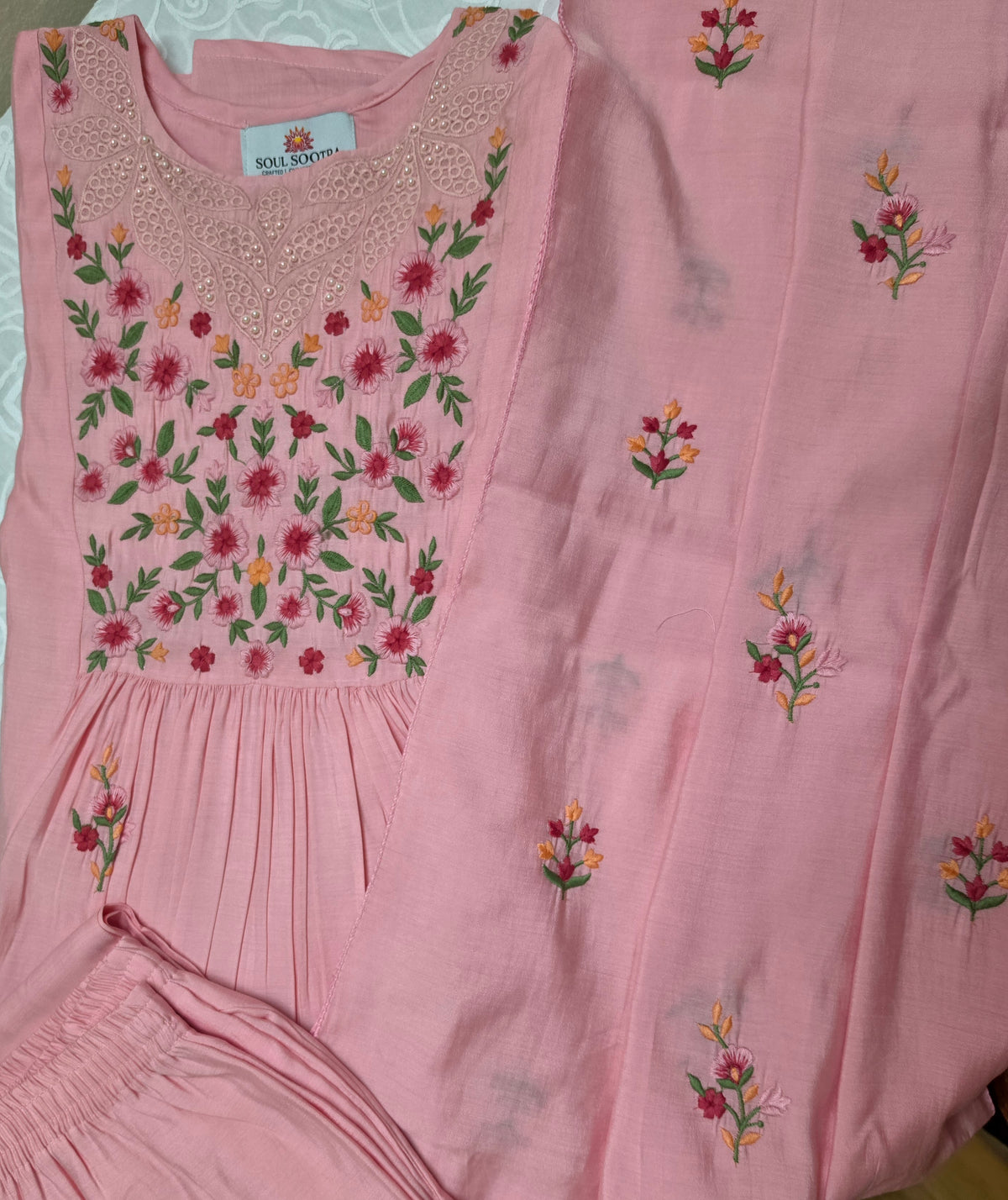 Pink Chanderi Embroidered Jaipuri Kurta Set
