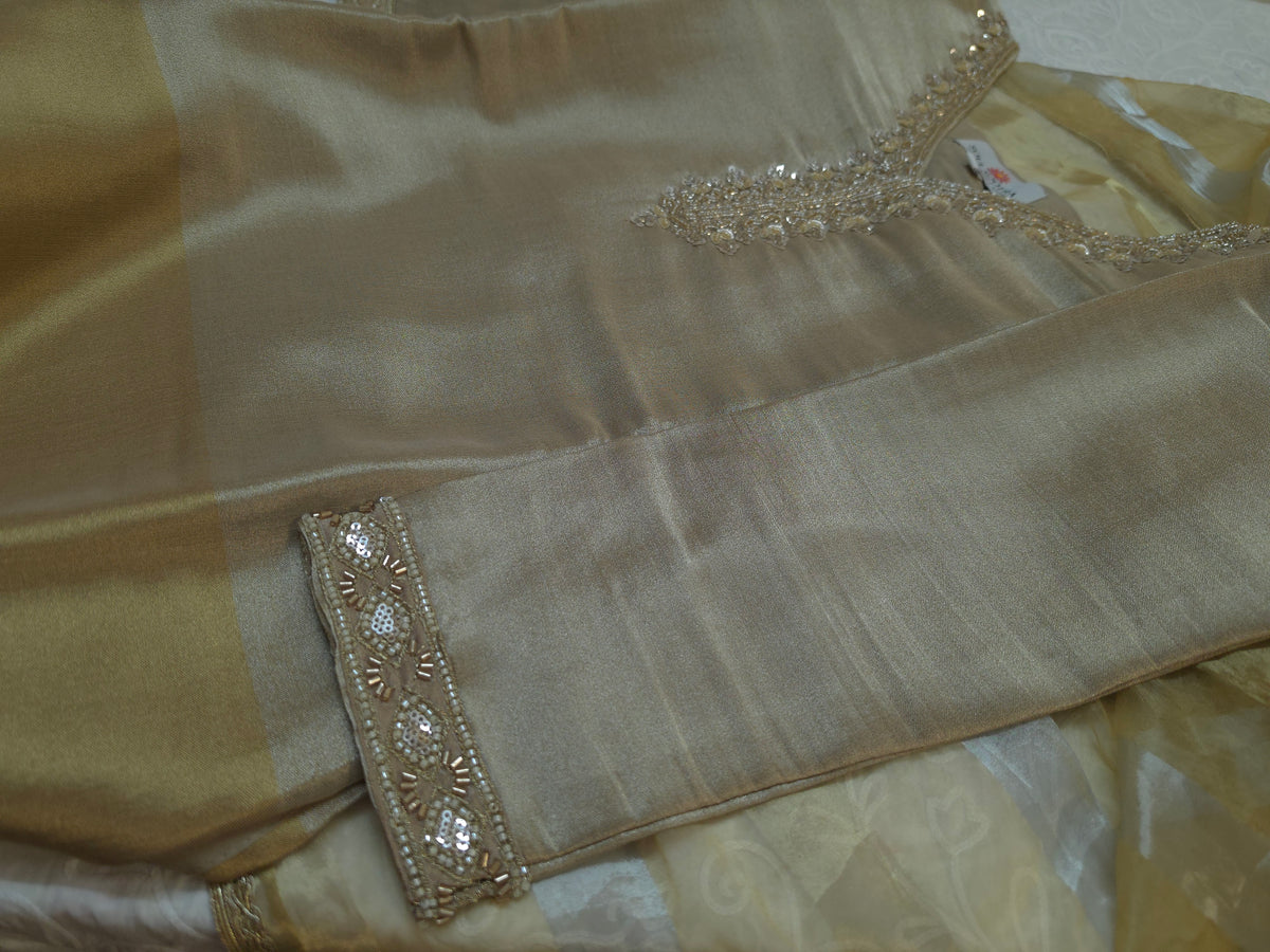 Beige and Golden Tissue Silk 3-Piece Kurta Set