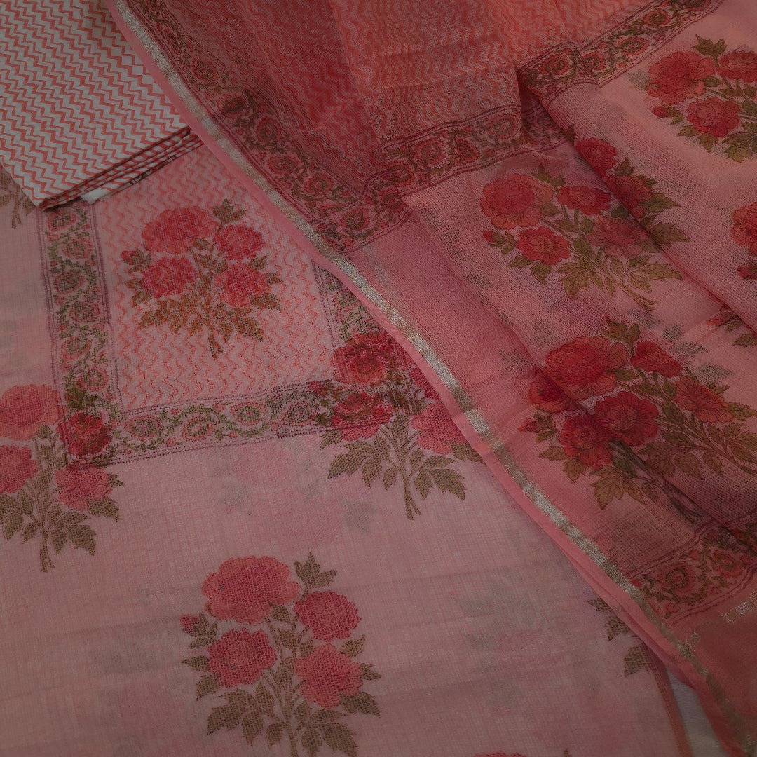 White and Peach Floral Hand Block Print Dress Material