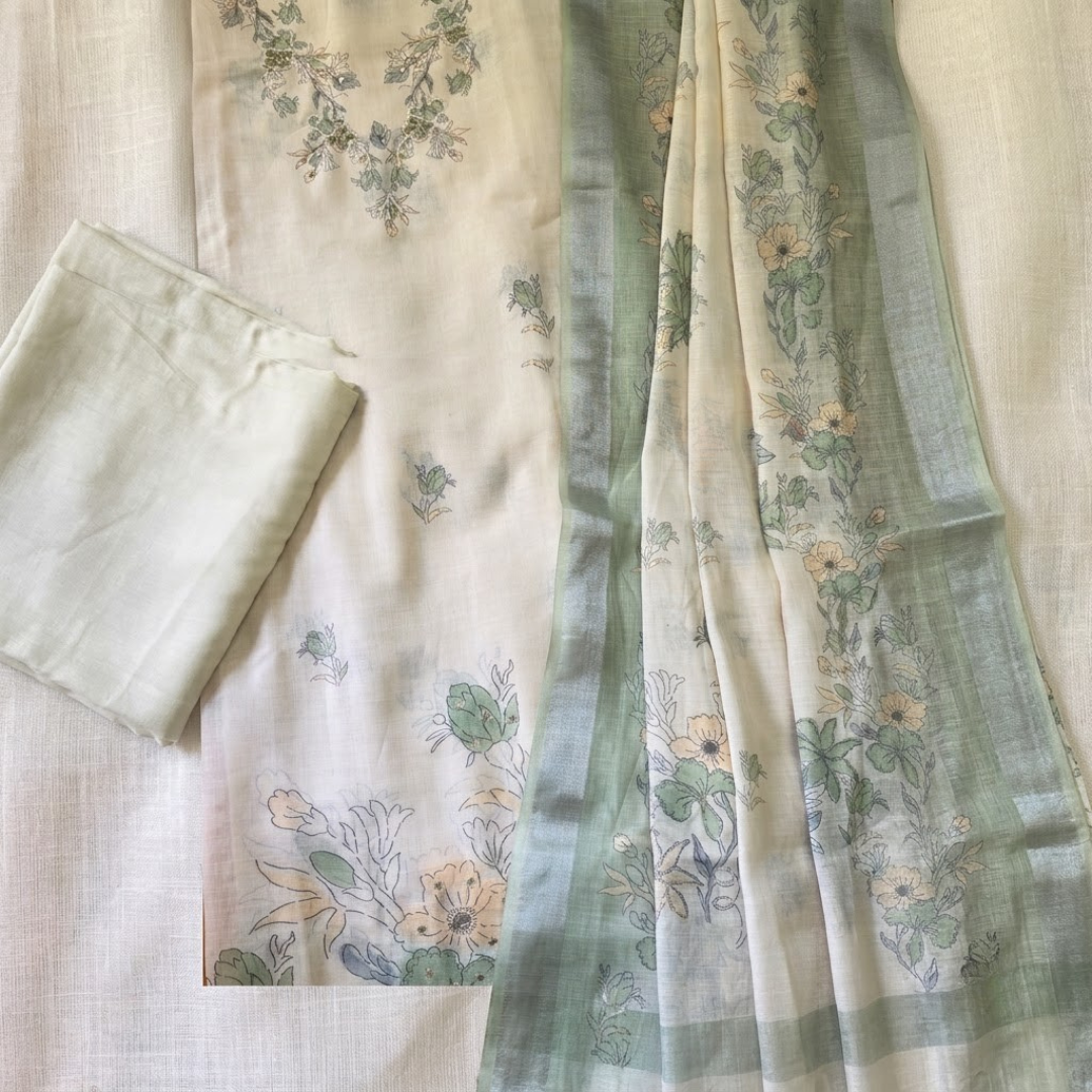 Cream With Green Floral Print Cotton Voile Unstitched Suit Set