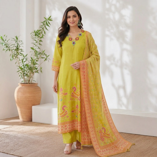 Mustard Green Pure Muslin Ikat Print Kurta Set