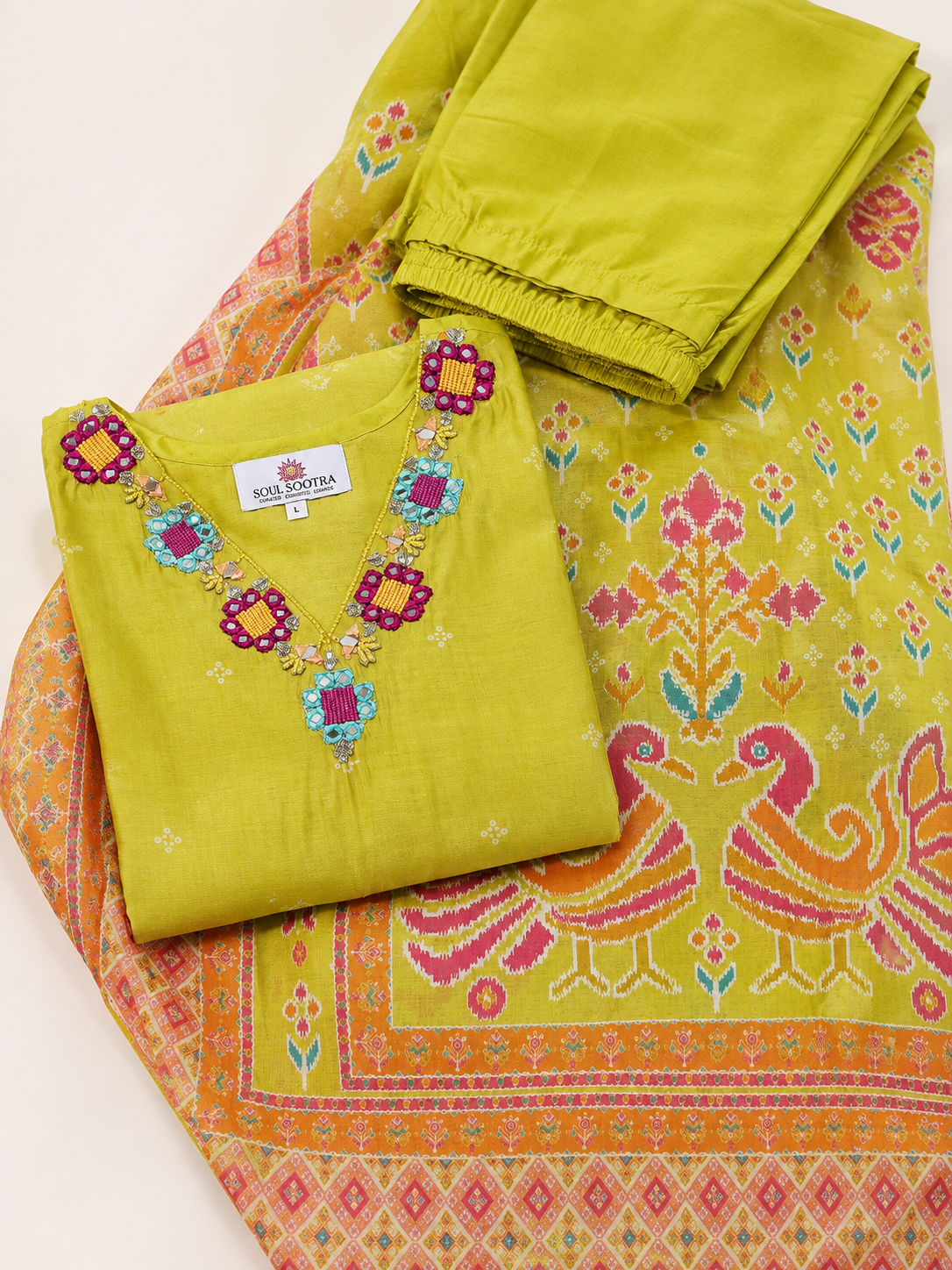 Mustard Green Pure Muslin Ikat Print Kurta Set