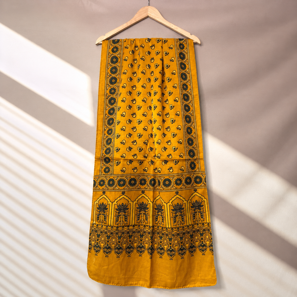 Ajrakh Mashru Silk Mustard Yellow Stole