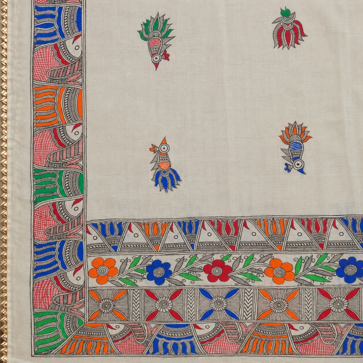 Madhubani Hand painted Cream Colour Fish Motif Dupatta