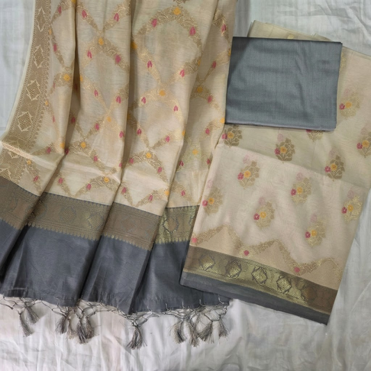 Cream Grey Banarasi Handwoven Silk Cotton suit set