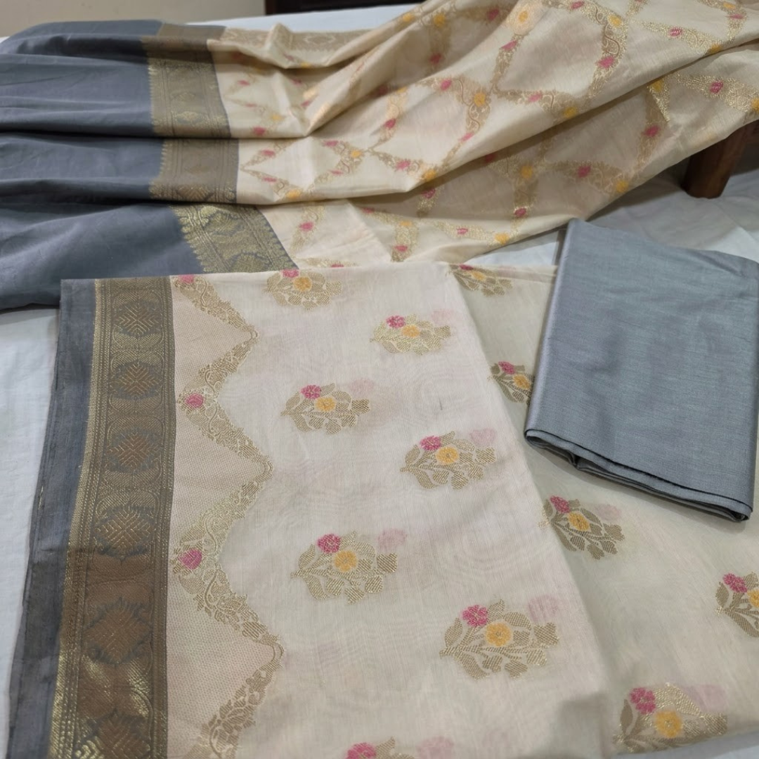 Cream Grey Banarasi Handwoven Silk Cotton suit set