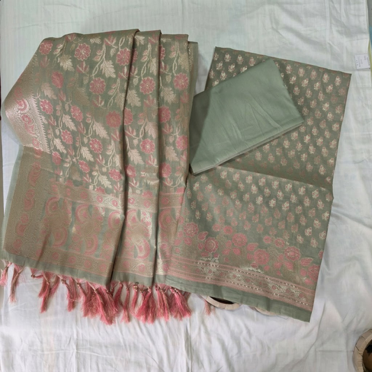Green Pink Banarasi Handwoven Silk Cotton suit set
