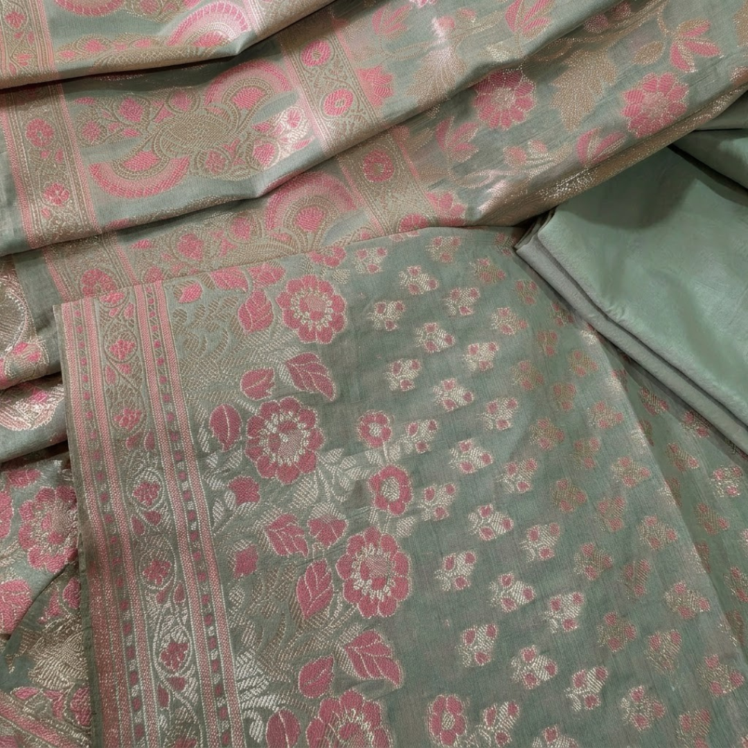 Green Pink Banarasi Handwoven Silk Cotton suit set