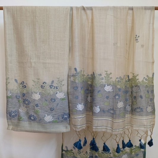 Jamdani chappa silk Swan Design embroidered suit sets