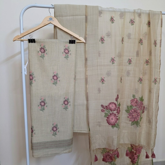 Jamdani Chappa Silk With Pink Floral Design Embroiderey Suit Sets