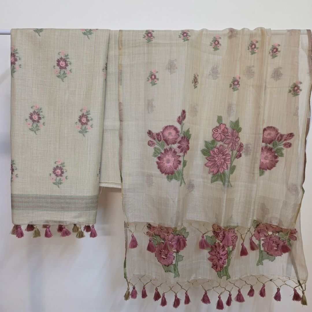 Jamdani chappa silk with pink floral design embroiderey suit sets