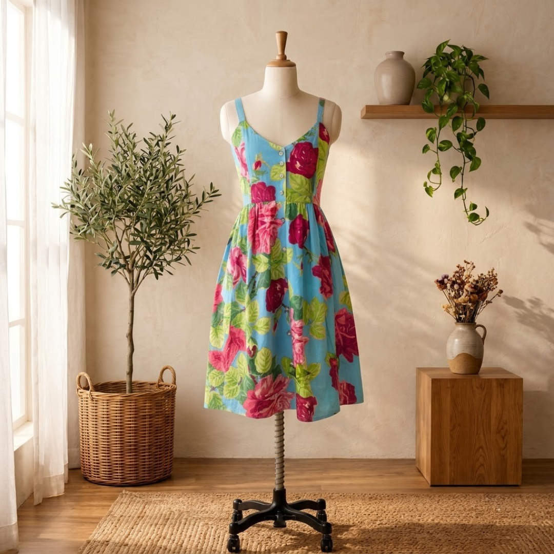 Red & Blue Printed Cotton Short Frock