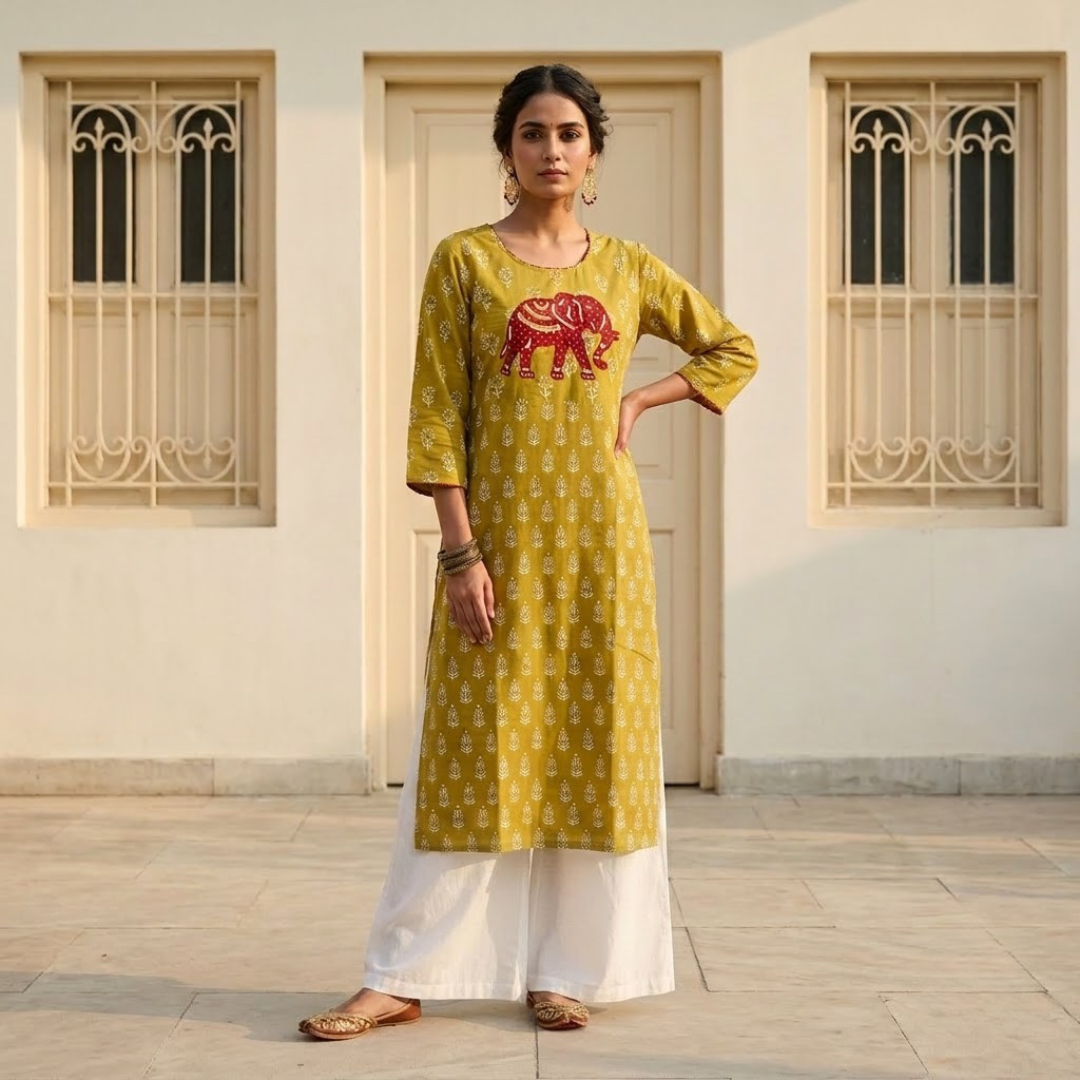Mustard Yellow Cotton Block Print Kurta