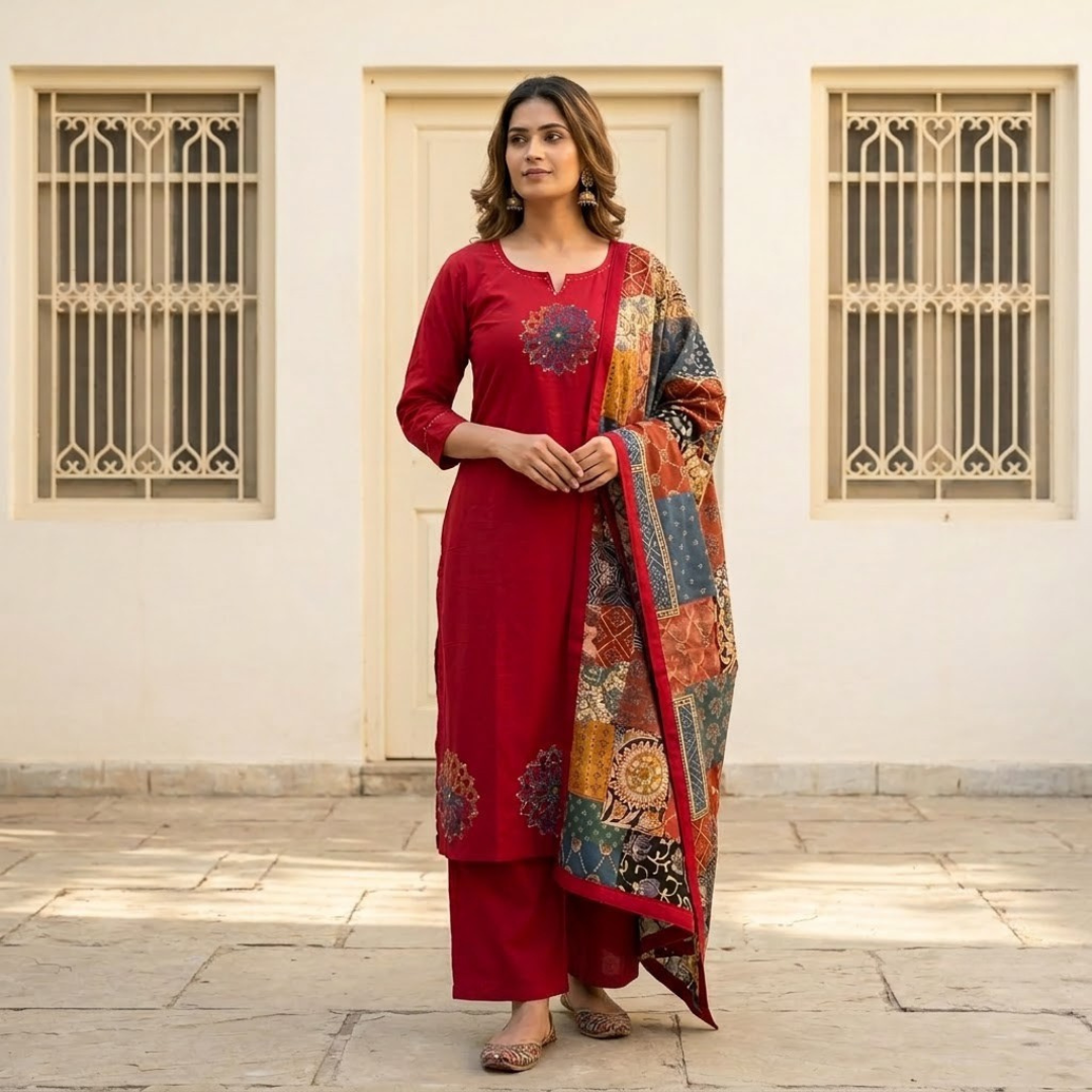 Red Cotton Jaipuri Kurti Set