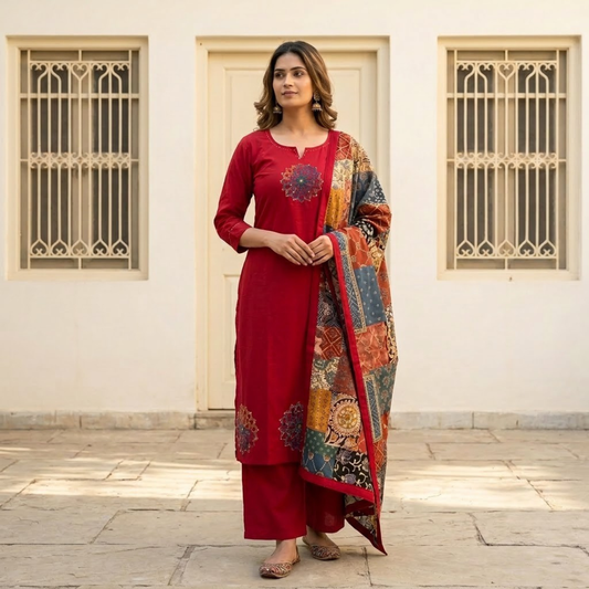 Red Cotton Jaipuri Kurti Set