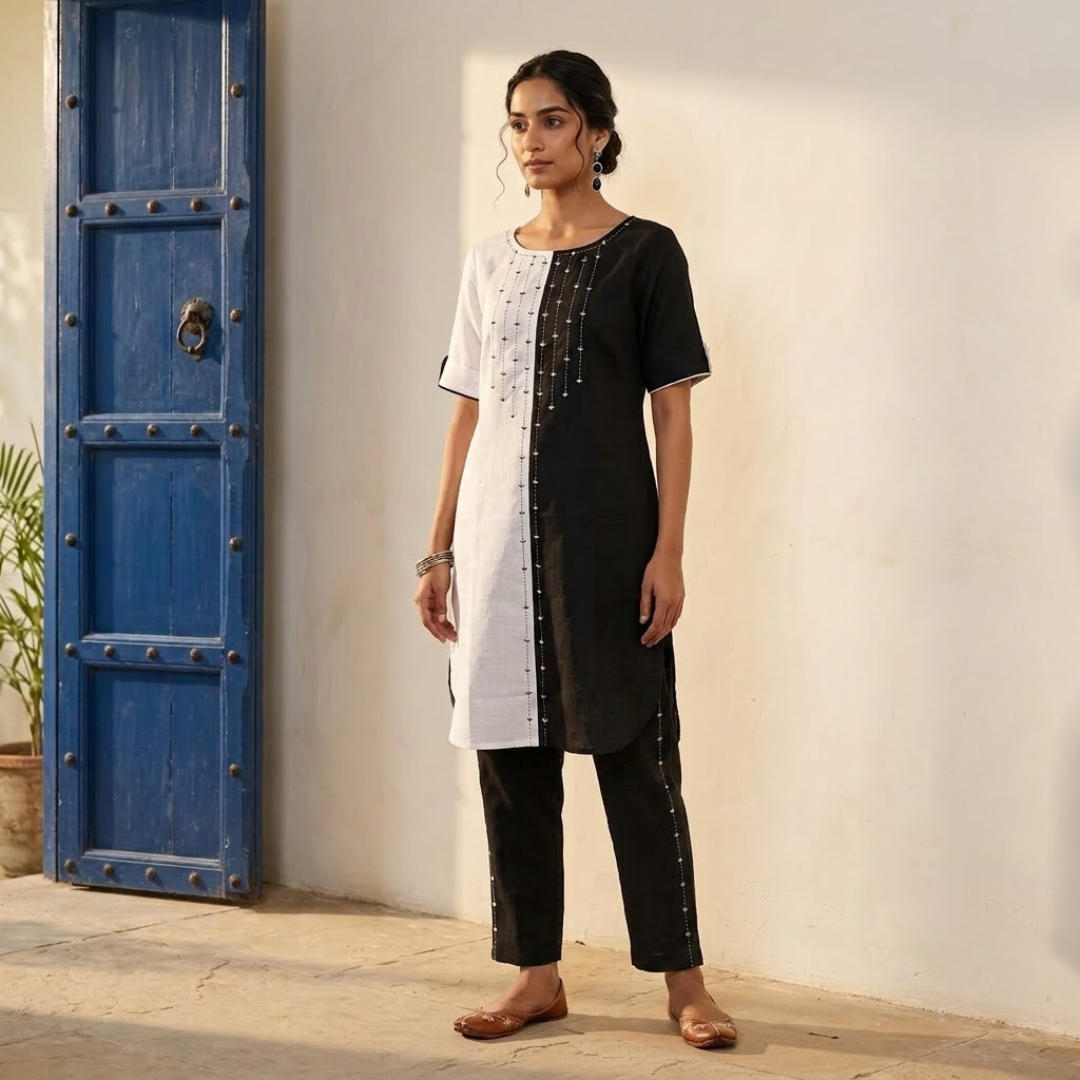 Black & White Cotton Embroidered Kurta