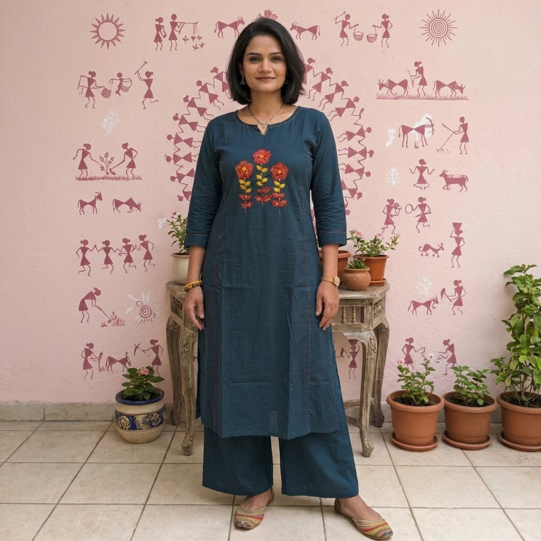 Bottle Green Applique work and sequence embroidery Kurti Set