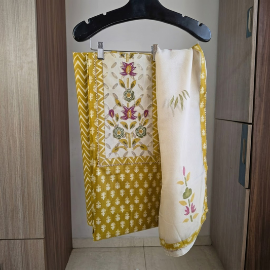 Mustard & white cotton printed unstitched suit set