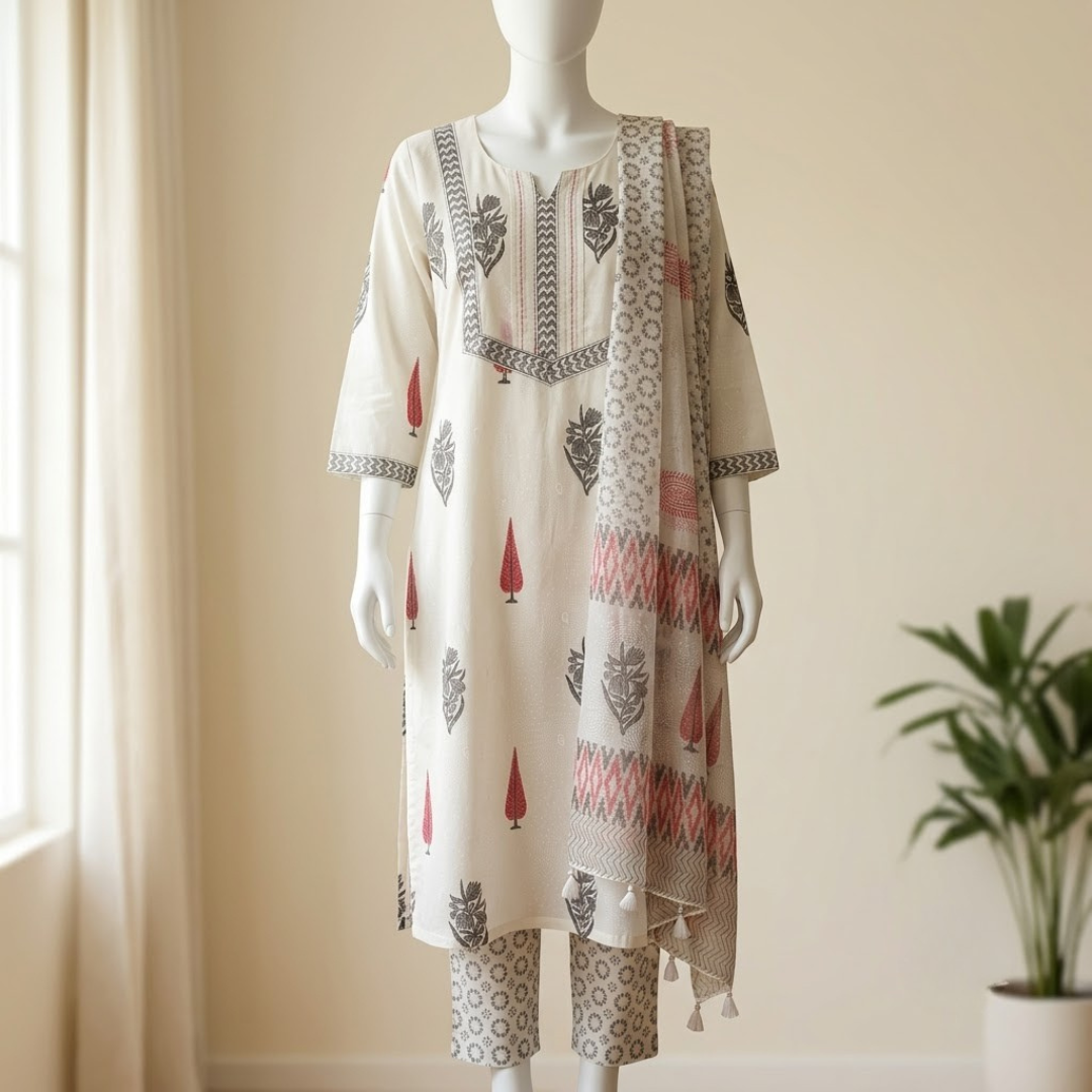 White Hand Block Pine Tree Kurta Set