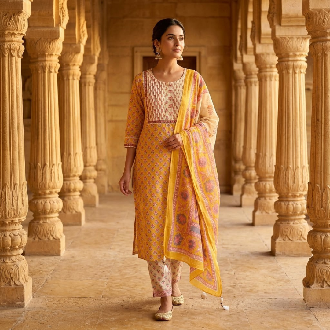 Yellow Mul Cotton Pleated Block Print Kurta Set