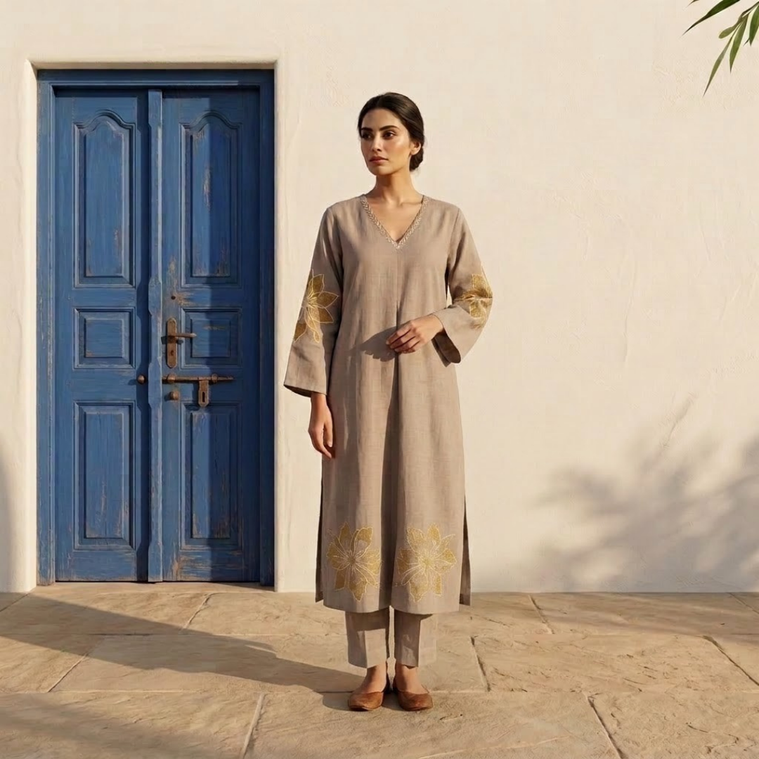 Beige With Neck Embroidery Kurta Set