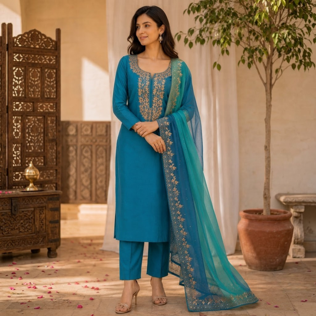 Teal Blue Hand- Embroided Zardozi Silk Dress Material
