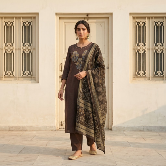 Coffee Brown Cotton Kurti With Mirror & Sequin Work