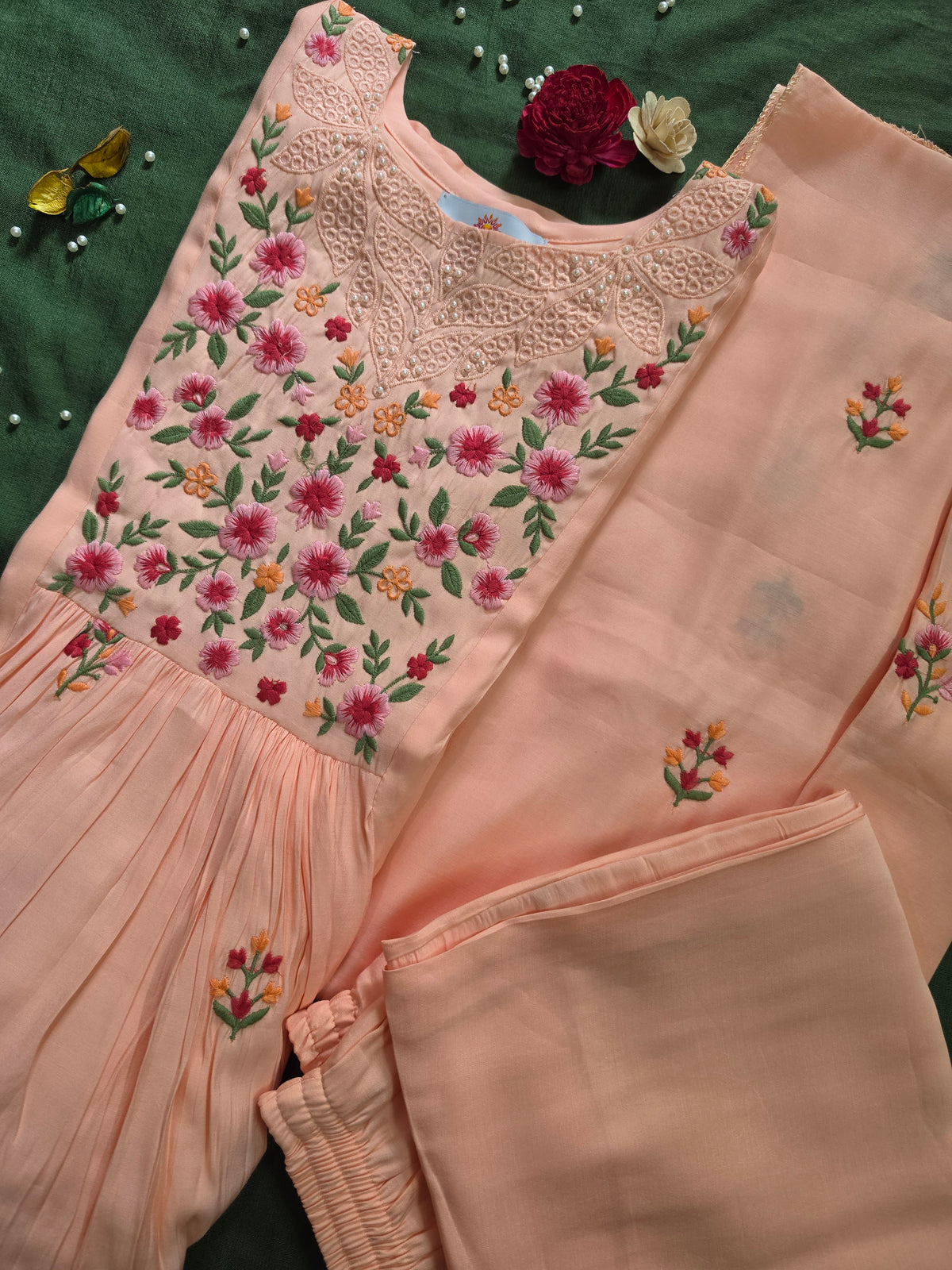 Peach Chanderi Embroidered Jaipuri Kurta Set