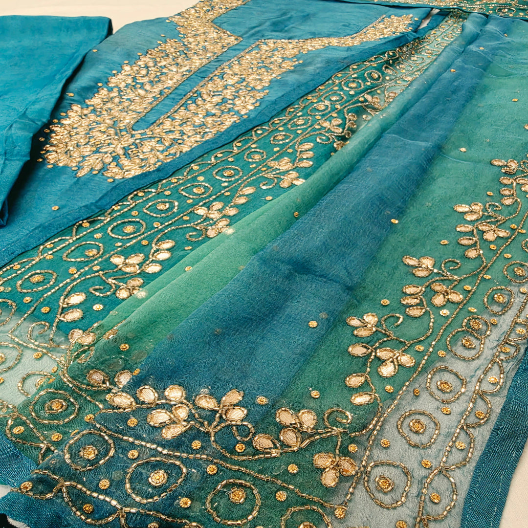 Teal Blue Hand- Embroided Zardozi Silk Dress Material