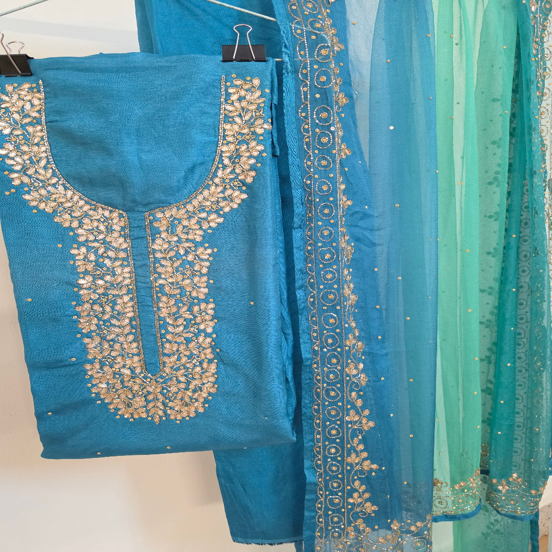 Teal Blue Hand- Embroided Zardozi Silk Dress Material