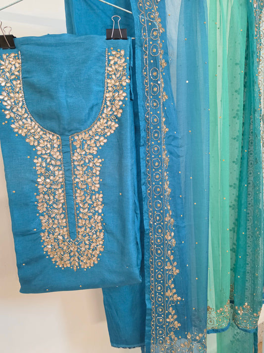 Teal Blue Hand- Embroided Zardozi Silk Dress Material