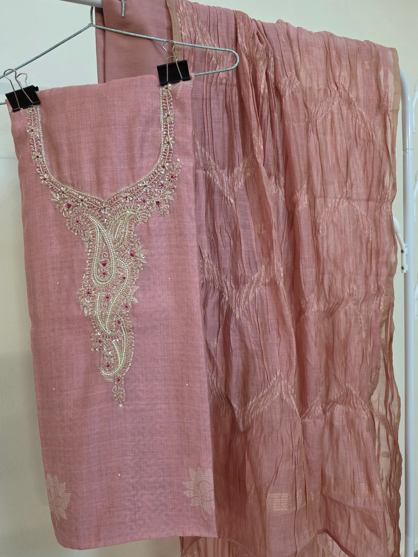 Pink Cotton Silk Hand Embroidery Dress Material