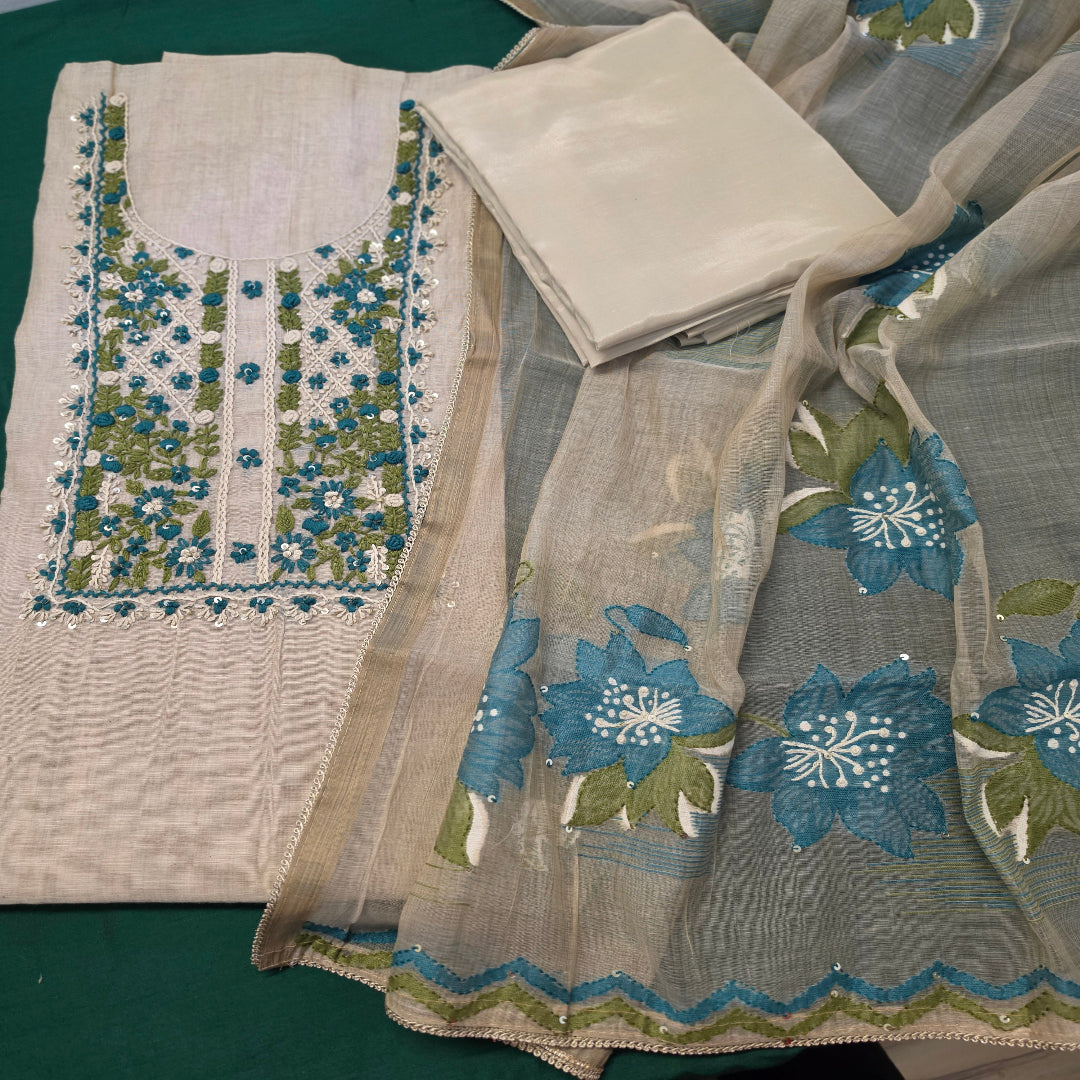 Bamboo Silk Dress Material with Embroidery