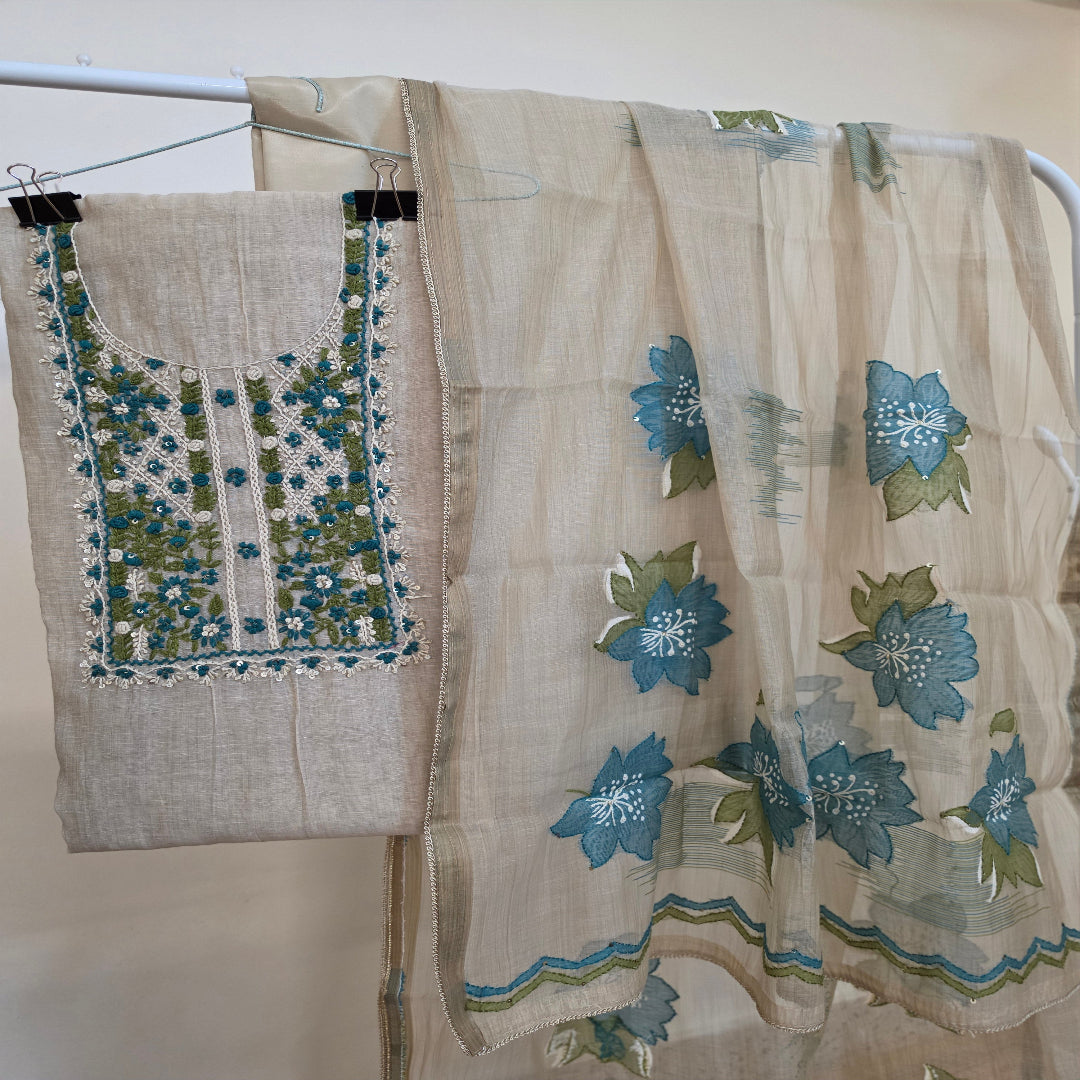 Bamboo Silk Dress Material with Embroidery