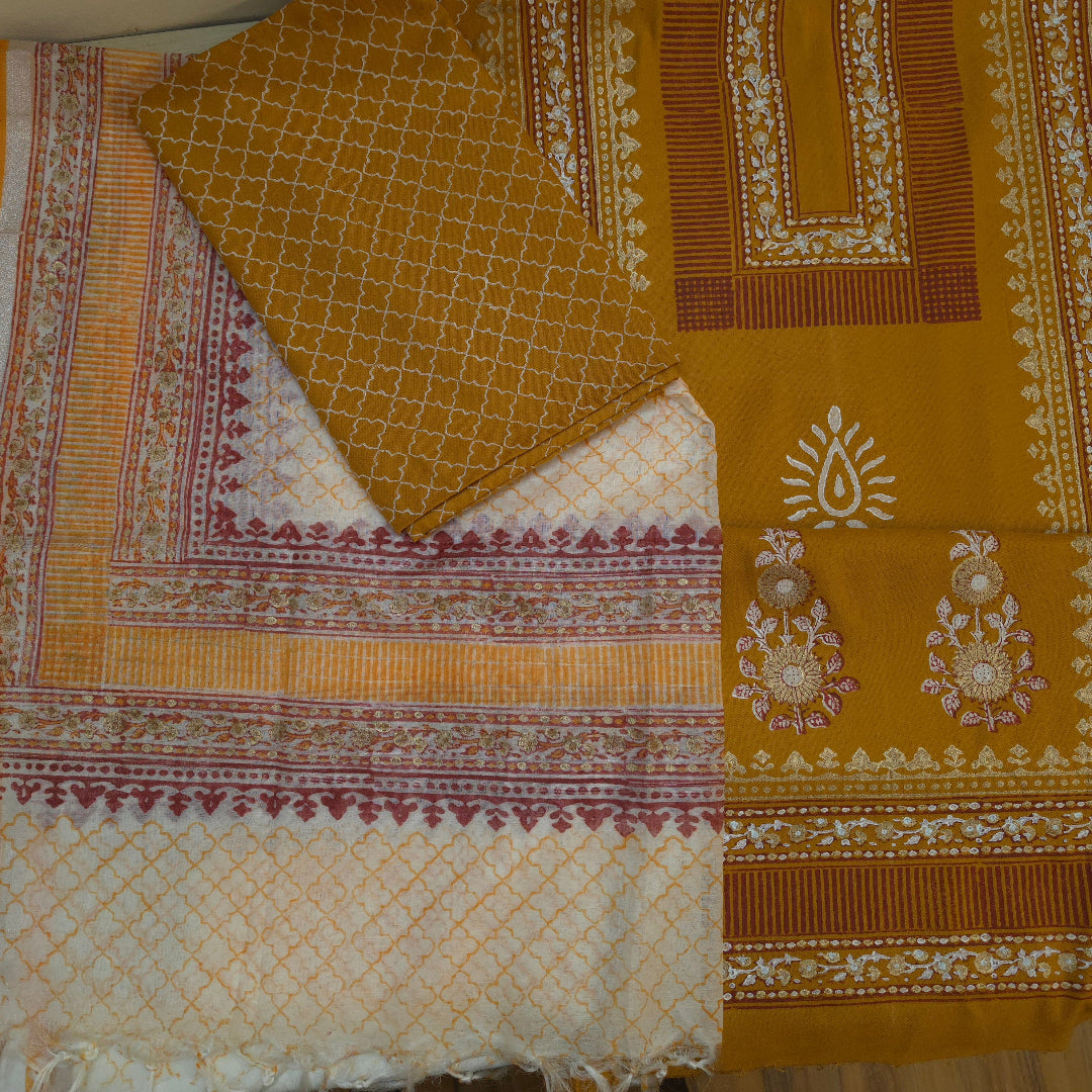 Mustard Yellow Hand Block Print Dress Material