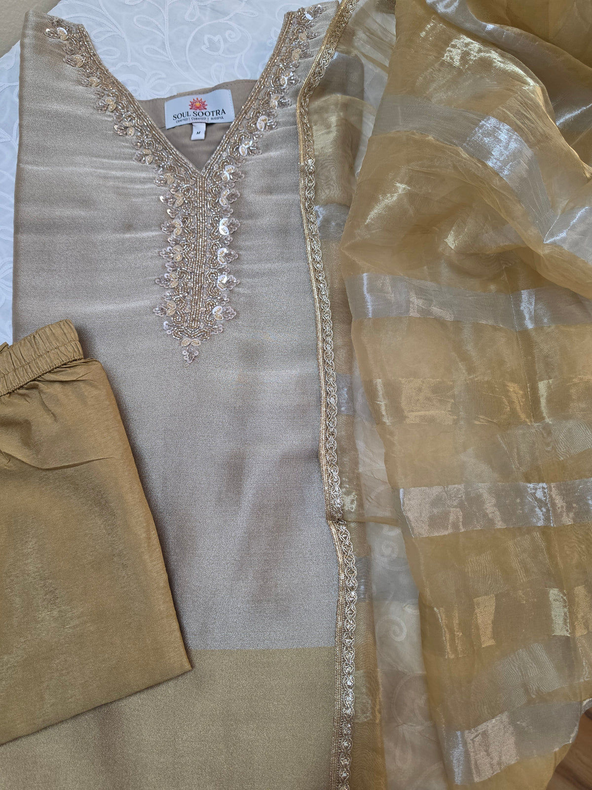 Beige and Golden Tissue Silk 3-Piece Kurta Set