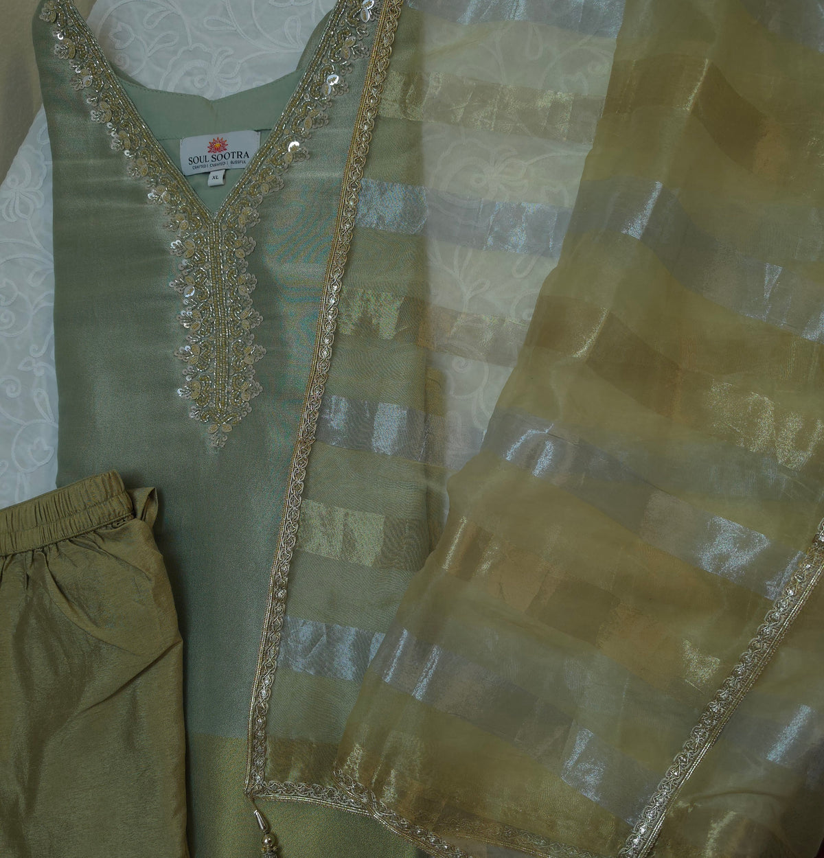 Olive Green & Golden Tissue Silk 3-Piece Kurta Set
