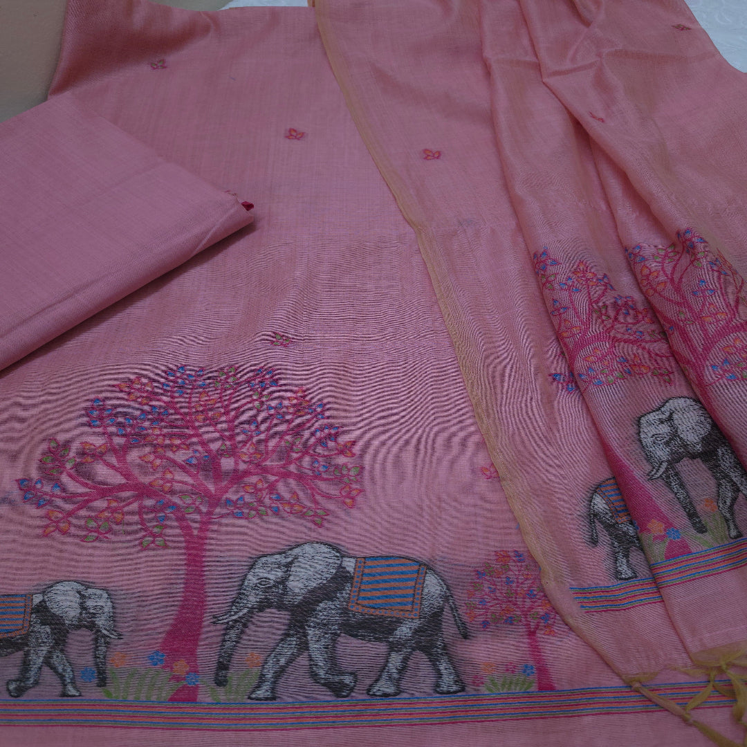 Pink Jamdani Muga cotton Suit Set