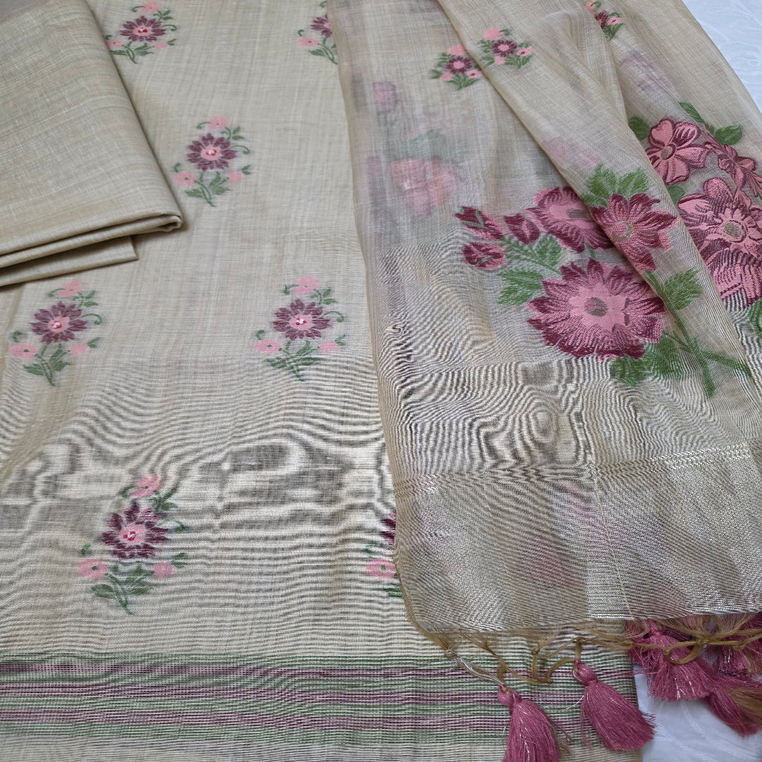 Jamdani Chappa Silk With Pink Floral Design Embroiderey Suit Sets