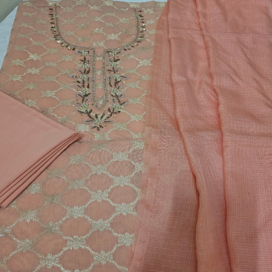 Peach Chandari Silk Dress Material