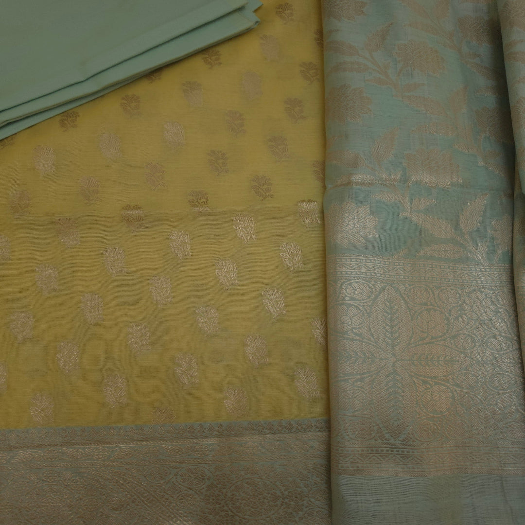 Yellow Green Banarasi Handwoven Silk Suit Set