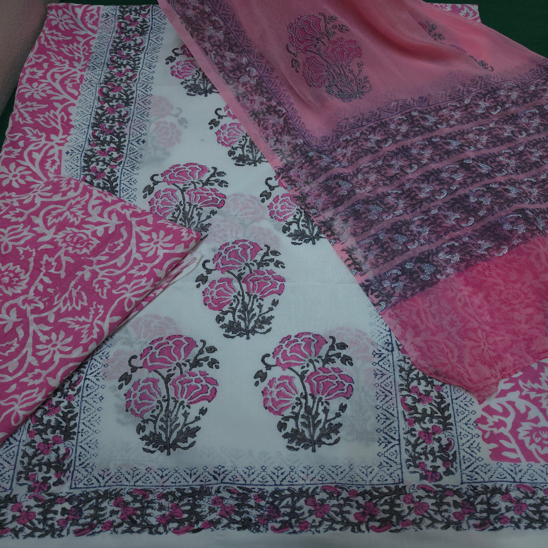 Pink And White Hand Block Cotton Dress Material