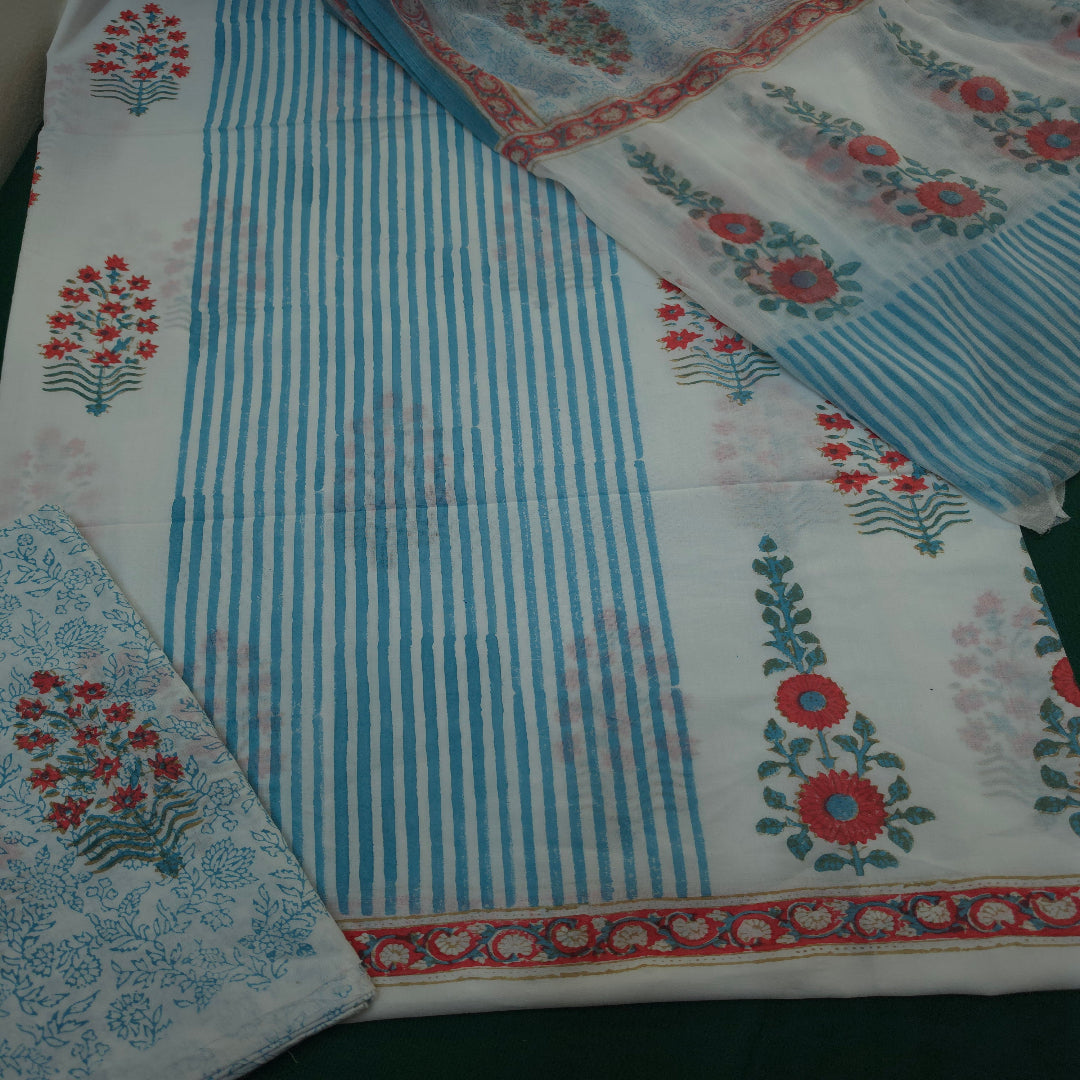 White With Floral Hand Block Print Dress Material