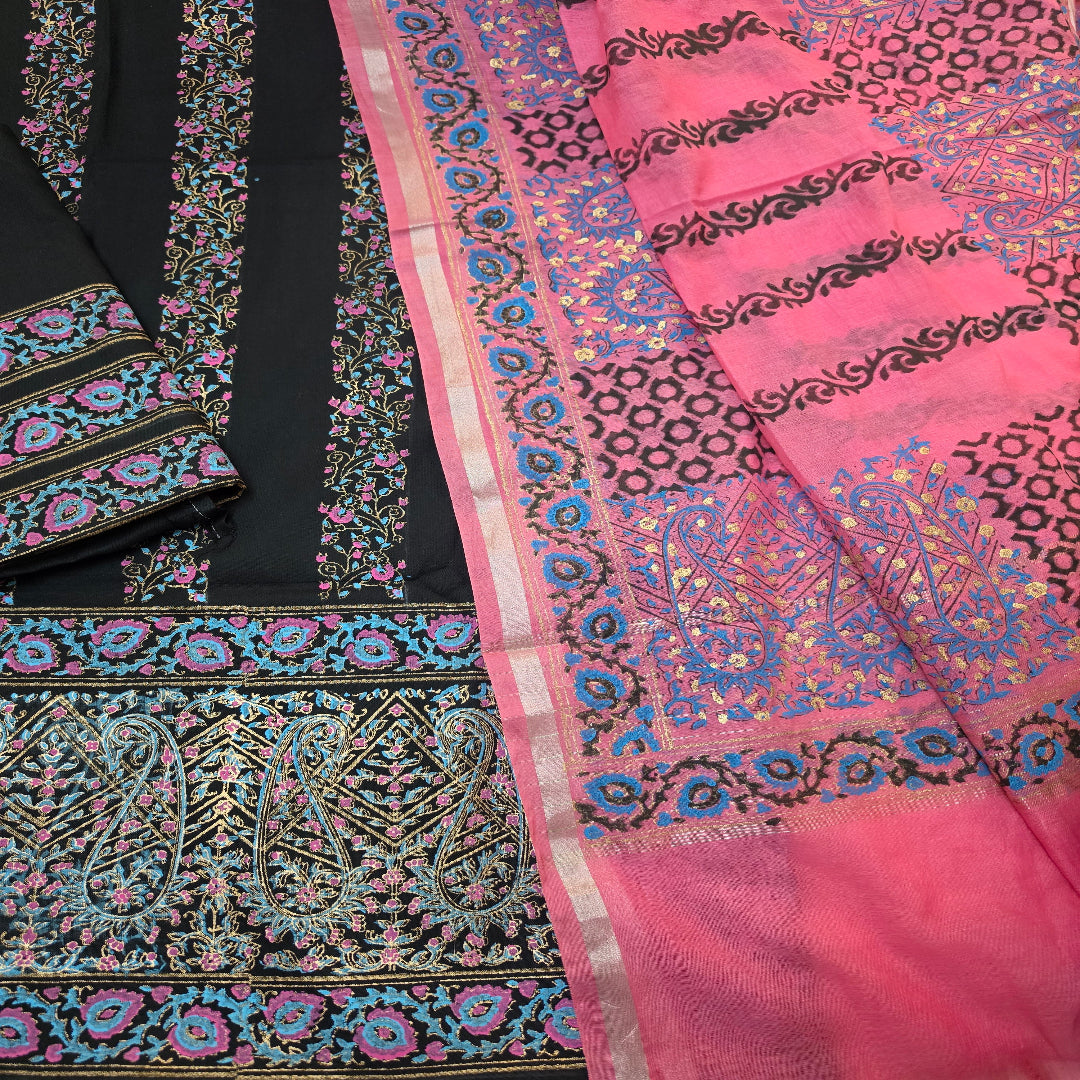 Black Paisley Hand Block Print Dress Material